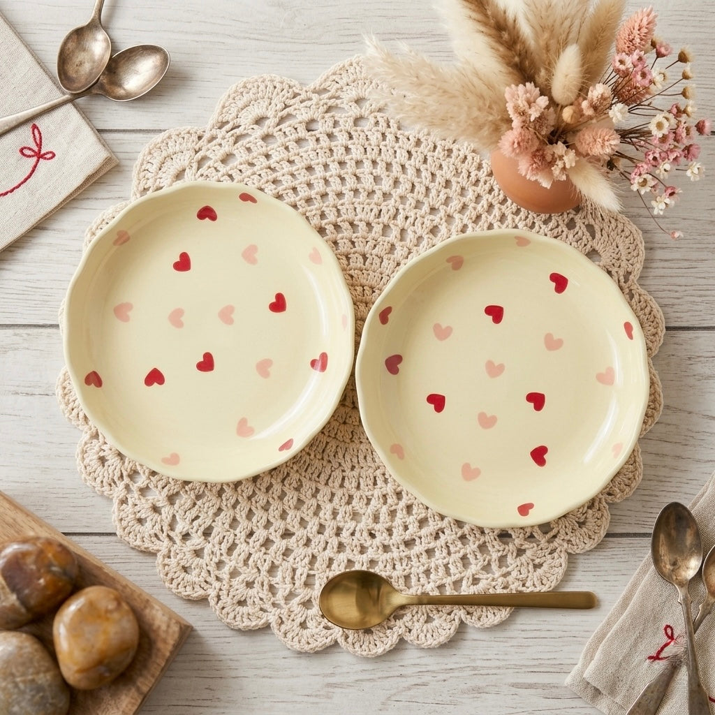 Two ceramic plates with heart patterns on a lace doily with utensils and flowers.