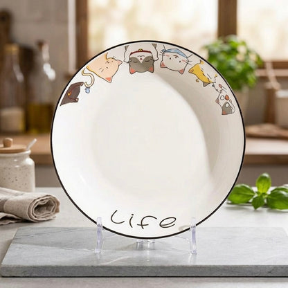 Decorative plate with cartoon animals and 'Life' text on a stand