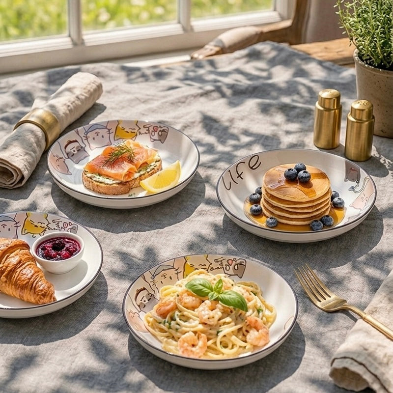 Table setting with plates of food including pasta, pancakes, and sandwiches, with a window in the background.