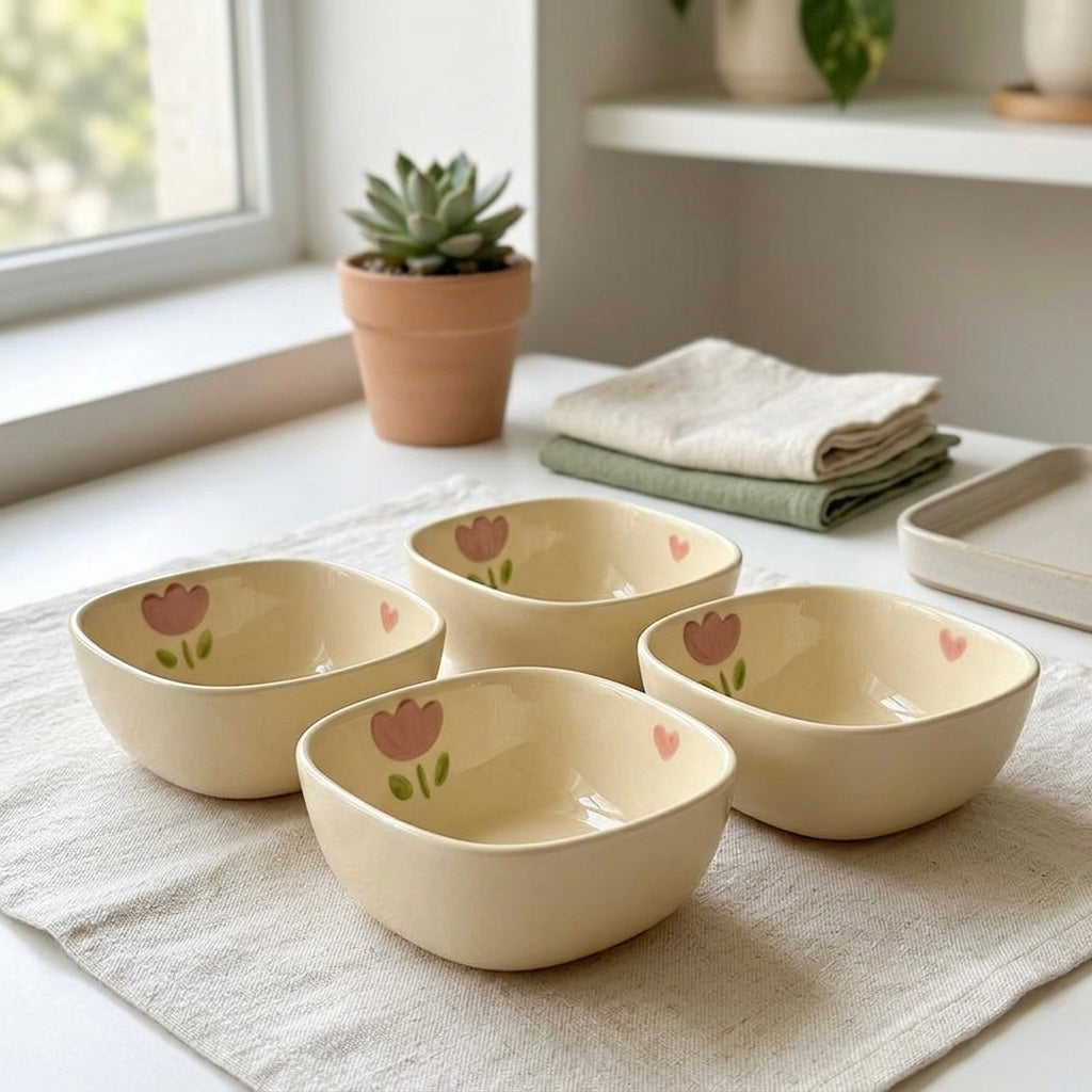 Set of four ceramic bowls with floral designs on a table with a plant and folded cloths in the background.