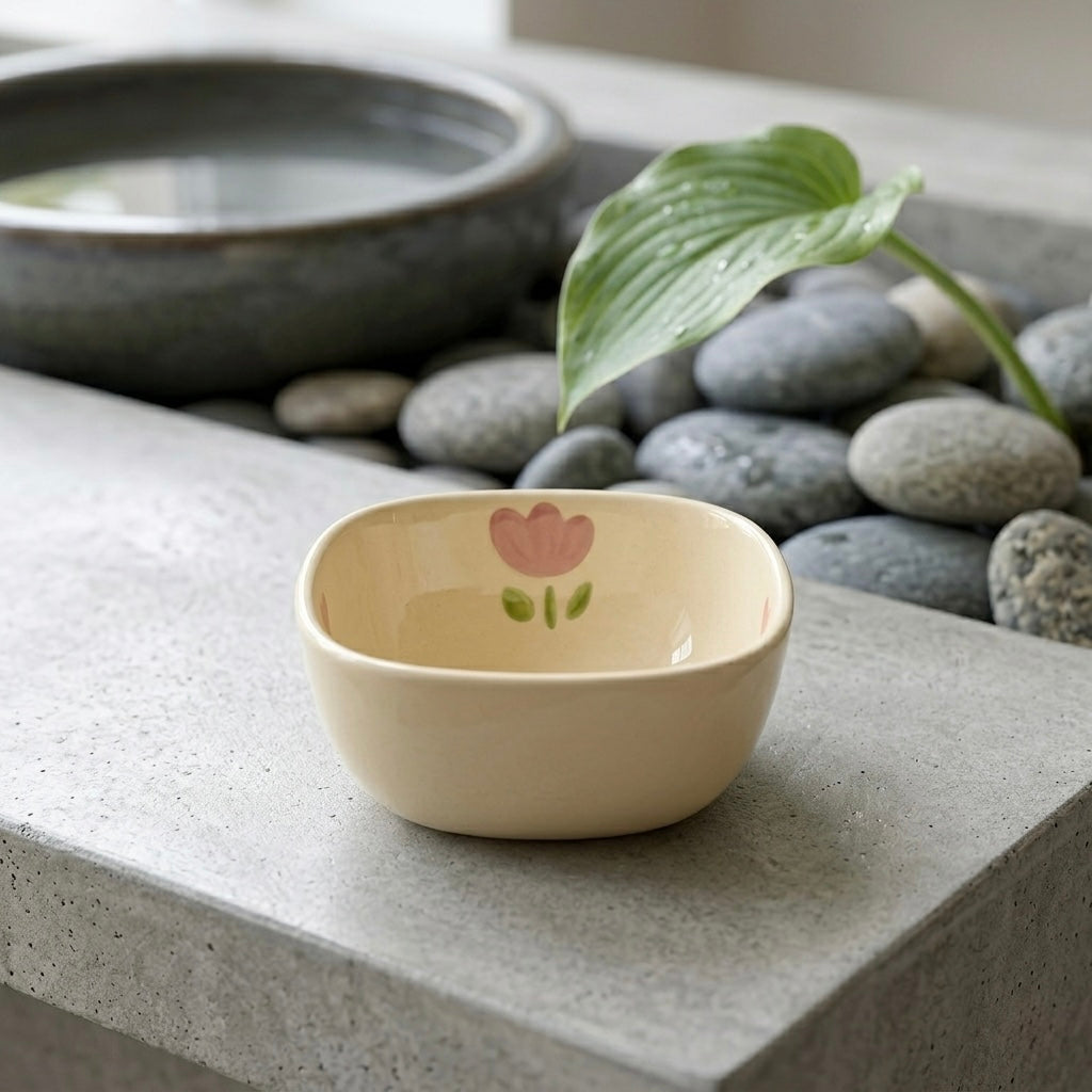 Small beige bowl with a pink flower design on a stone surface with pebbles and a plant.