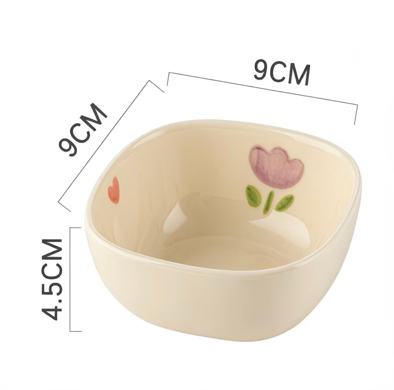 Small ceramic bowl with floral design and dimensions on a white background
